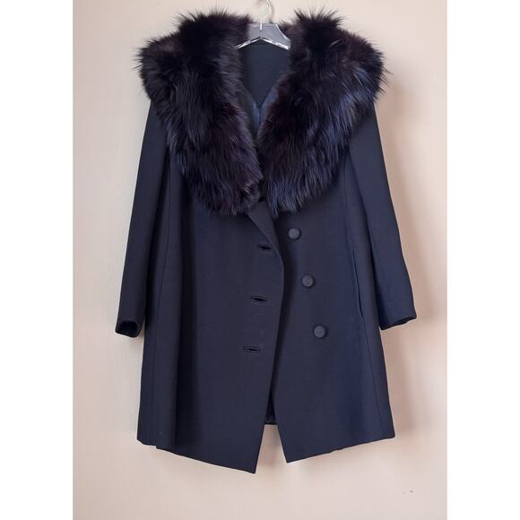Vintage Union Made Black Wool Over Coat Dramatic Fur Collar CBK Style Tailored - Picture 2 of 16